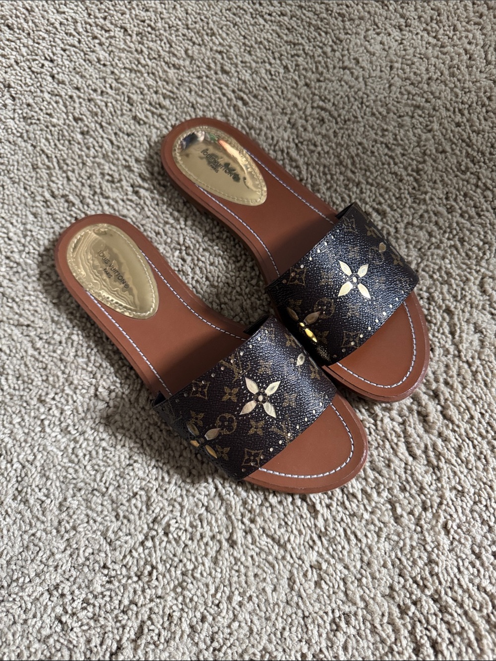 Louis Vuitton Brown Monogram Slide Sandals with Gold Accents SZ 40